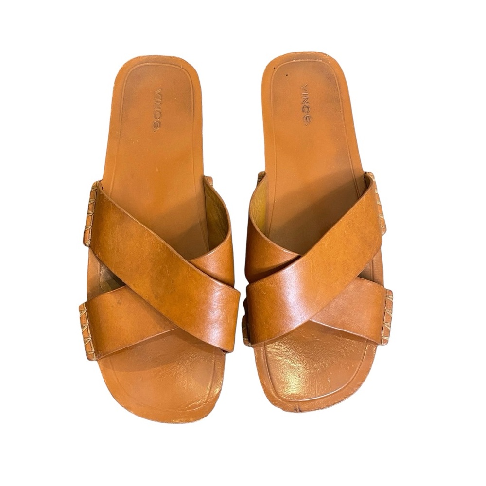 Vince Nico Leather Cross Strap Slide Flat Sandals, Size 11 - Picture 2 of 8